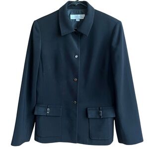 Tahari ASL Black Button Up Blazer Flap Pockets Shoulder Pads Minimalist
